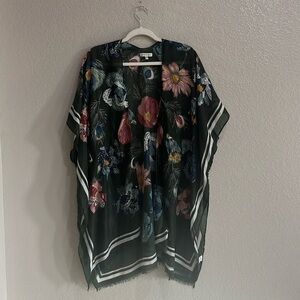 Woven Heart Womens Kimono Wrap Floral One Size Green Multi Color Fringe